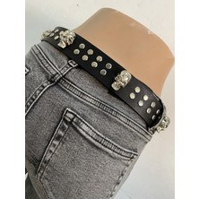 Aksabeltchokers 4.cm Gümüş Renk Rivet&kuru Kafalı Punk Metalci Kemer