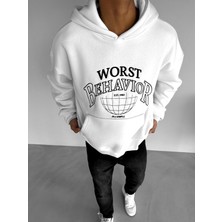Abluka Online Erkek Oversize Nakışlı Kapüşonlu Sweatshirt Beyaz