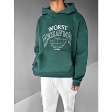Abluka Online Erkek Oversize Nakışlı Kapüşonlu Sweatshirt Yeşil