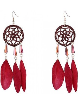 Aqqogib Düğme Sadelik Tüy Uzun El Örgüsü Püsküllü Retro Boho Dream Catcher Tasarım Renk: Kırmızı Küpe (Yurt Dışından)