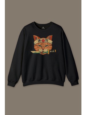 So Cool Cat Sushi Japanese Vintage Sokak Baskılı Siyah Baskılı Sweatshirt