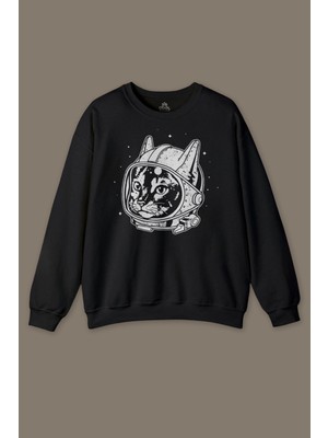 So Cool Siyah Unisex Kedi Kozmonot Meow Astronot Cat Nasa Uzay Baskılı Sweatshirt