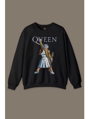 The Queen Kraliçe Elizabeth The Crown Baskılı Siyah Baskılı Sweatshirt
