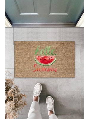 Dış ve Iç Mekan Kahve Renk Kapı Önü Paspası Hello Summer Karpuz Desen Paspas