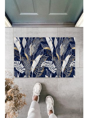 Stok Shop Dekoratif Dijital Yaprak Lacivert Kapı Paspası Dış Mekan Paspas