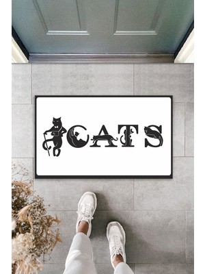 Stok Shop Dijital Baskı Kalitesi  Beyaz Kedilerle Bezenmiş Cats Yazılı  Dekoratif Kapı  Paspası
