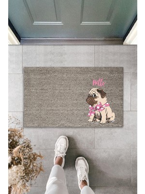 Dijital Baskı Kalitesi  Gri Hello Yazılı Pembe Fiyonklu Köpek  Dekoratif Kapı  Paspası