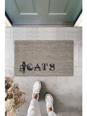 Stok Shop Dijital Baskı Kalitesi  Gri Kedilerle Bezenmiş Cats Yazılı  Dekoratif Kapı  Paspası