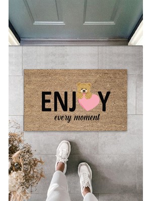 Dış ve Iç Mekan Bej Kapı Önü Paspası Enjoy Ever Moment Ayıcık Desen Paspas
