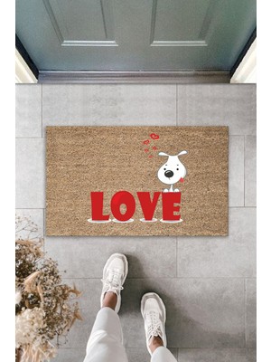 Dijital Baskı Kalitesi  Kahverengi Kırmızı Love Yazılı Beyaz Köpek  Dekoratif Kapı  Paspası