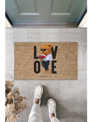 Stok Shop Dış ve Iç Mekan Bej Kapı Önü Paspası Kırmızı Güller Ayıcık Desen Paspas