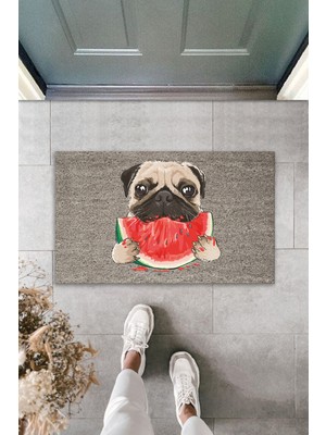 Stok Shop Dijital Baskı Kalitesi  Gri Dilim Karpuz Yiyen Köpek  Dekoratif Kapı  Paspası