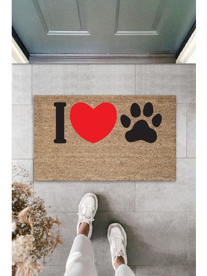 Stok Shop Dijital Baskı Kalitesi  Kahverengi Kırmızı Kalpli I Love Pati  Dekoratif Kapı  Paspası