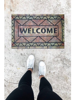 Stok Shop Dijital Baskı Koyu Gri Dış ve Iç Mekan Üçgen Desen Kapı Önü Paspası