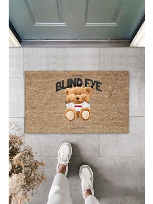 Stok Shop Dekoratif Dijital Blınd Eye Ayıcık Bej  Kapı Paspası Dış Mekan Paspas