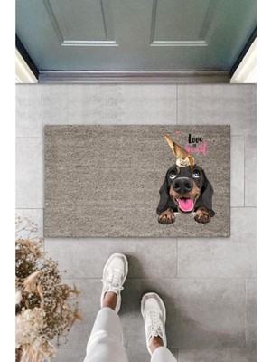 Stok Shop Dijital Baskı Kalitesi  Gri Love Sweet  Kafasında Külahlı Dondurmalı Köpek  Dekoratif Kapı  Paspası