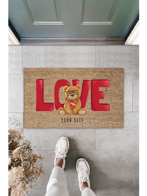 Dış ve Iç Mekan Kahve Renk Kapı Önü Paspası Love Ayıcık Desen Paspas