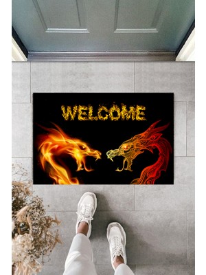 Çok Amaçlı Dijital Baskı Siyah Welcome Ejderha Dış ve Iç Mekan Paspas