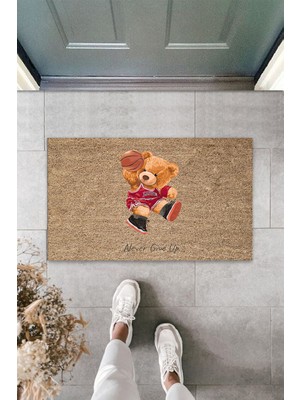 Stok Shop Dış ve Iç Mekan Bej Kapı Önü Paspası Never Gıve Up Ayıcık Desen Paspas