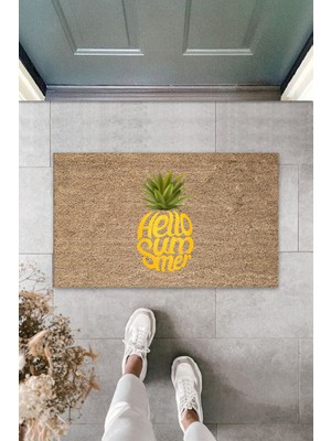 Dış ve Iç Mekan Kahve Renk Kapı Önü Paspası Hello Summer Ananas Desen Paspas