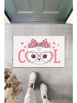 Dijital Baskı Kalitesi  Beyaz Cool Pembe Gözlüklü Fiyonklu Kedi  Dekoratif Kapı  Paspası