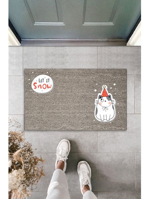 Stok Shop Dijital Baskı Kalitesi  Gri Let It Snow Kukuletalı Kedi  Dekoratif Kapı  Paspası
