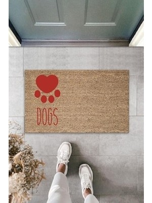 Dijital Baskı Kalitesi  Kahverengi Kırmızı Kalpli Dogs  Dekoratif Kapı  Paspası
