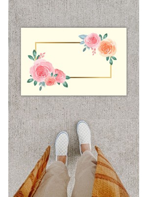 Stok Shop Dijital Baskı Dekoratif 4 Lü Çiçek Krem Kapı Önü Paspası