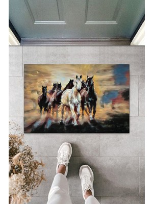 Stok Shop Çok Amaçlı Dijital Baskı Kahverenk Koşan Atlar Dış ve Iç Mekan Paspas