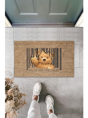 Stok Shop Dış ve Iç Mekan Kahve Renk Kapı Önü Paspası Hello Are You There Ayıcık Desen Paspas