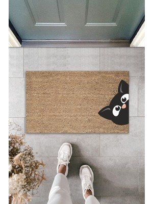 Stok Shop Dijital Baskı Kalitesi  Kahverengi Kenardan Bakan Kara Kedi  Dekoratif Kapı  Paspası