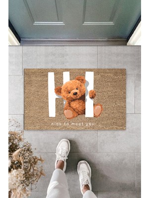 Dekoratif Dijital Nice To Meet You Ayıcık Bej Kapı Paspası Dış Mekan Paspas