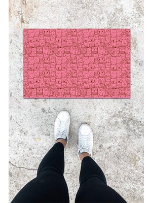 Stok Shop Dijital Baskı Pembe Dış ve Iç Mekan Kedili Desen Kapı Önü Paspası
