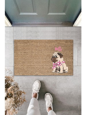 Stok Shop Dijital Baskı Kalitesi  Kahverengi Hello Yazılı Pembe Fiyonklu Köpek  Dekoratif Kapı  Paspası