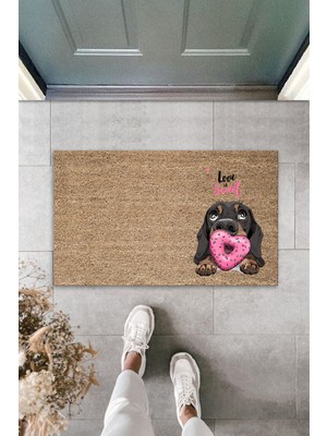 Dijital Baskı Kalitesi  Kahverengi Love Sweet Pembe Uzun Kulaklı  Köpek  Dekoratif Kapı  Paspası