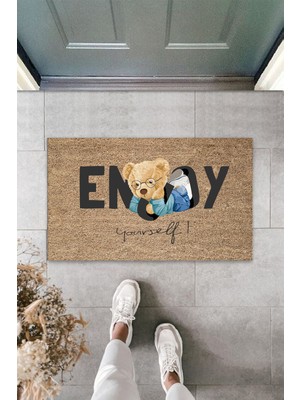 Dış ve Iç Mekan Bej Kapı Önü Paspası Enjoy Yourself Ayıcık Desen Paspas