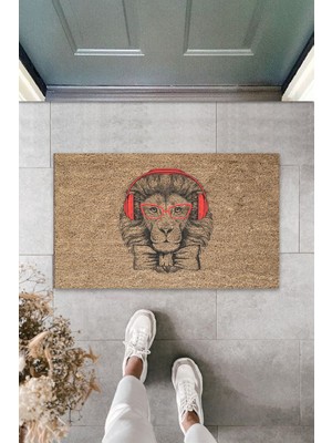 Çok Amaçlı Dijital Baskı Kahverenk Kulaklıklı Aslan Dış ve Iç Mekan Paspas