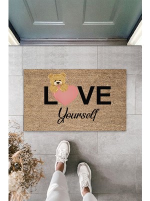 Stok Shop Dış ve Iç Mekan Bej Kapı Önü Paspası Love Yourself Ayıcık Desen Paspas