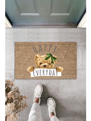 Dış ve Iç Mekan Kahve Renk Kapı Önü Paspası Happy Everday Ayıcık Desen Paspas