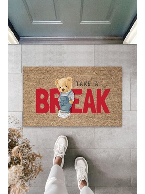 Dış ve Iç Mekan Bej Kapı Önü Paspası Take A Break Ayıcık Desen Paspas