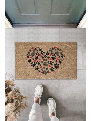 Stok Shop Dijital Baskı Kalitesi  Kahverengi Patili Kalp   Dekoratif Kapı  Paspası