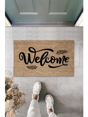 Stok Shop Dış ve Iç Mekan Siyah Kapı Önü Paspası Yapraklı Welcome Desen Paspas