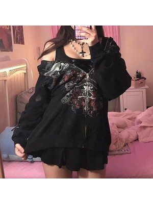 Köstebek Siyah Gothic Double Skull Fermuarlı Kapüşonlu Sweatshirt