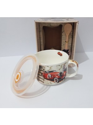 Renkli Çiçekler 700ML Porselen Kapaklı Yemek Saklama Kabı Desenli Kulplu Porselen Yemek Tenceresi