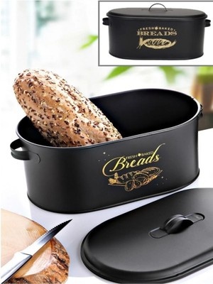 Bayev Siyah Metal Ekmeklik Dekoratif Büyük Boy Kapaklı Desenli Ekmek Saklama Kutusu