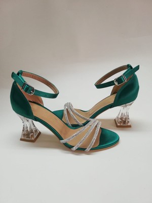Endless Bereket Kundura Çok Şık Taşlı 7 cm Topuklu Yeşil Taşlı Kına Abiye Ayakkabı