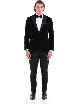 Hatem Saykı Siyah Slim Fit Düz Sivri Yaka Kadife Klasik Damatlık