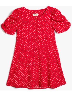 Koton Puantiyeli Elbise Balon Kollu Düğme Kapamalı Viskon Kumaş