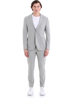 HTML Gri Slim Fit Çizgili Mono Yaka Klasik Takım Elbise