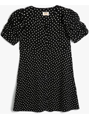 Koton Puantiyeli Elbise Balon Kollu Düğme Kapamalı Viskon Kumaş